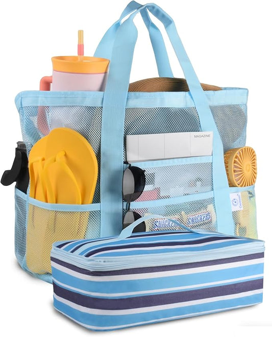 Genteen Beach Bag for Women, Mesh Tote Bags with Zipper, Sandproof Vacation Essentials with Cooler for Swim Cruise Pool