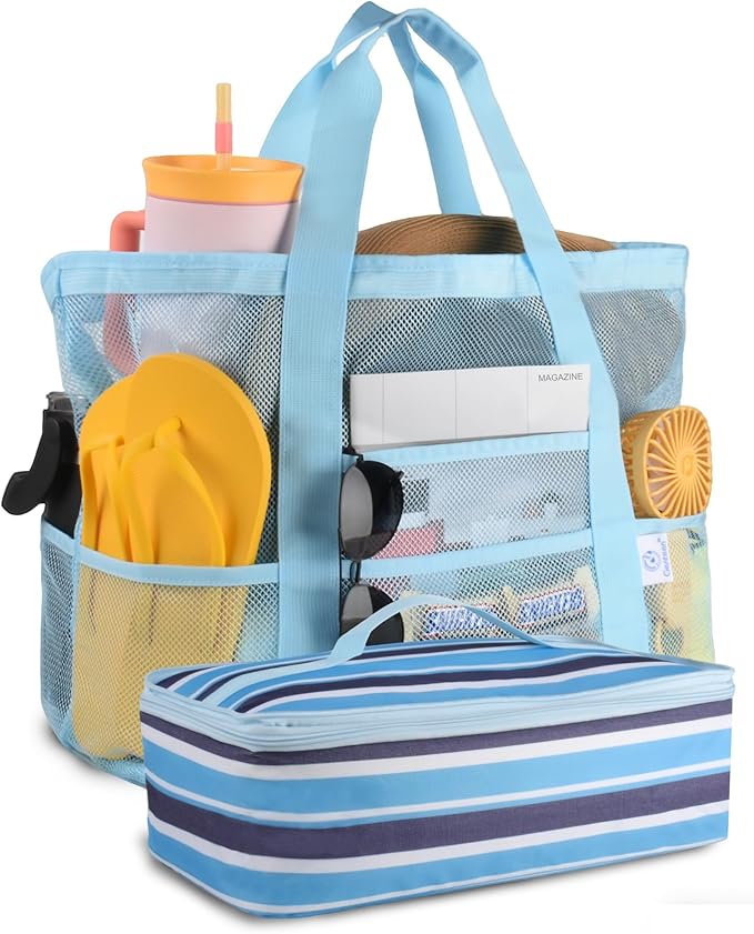 Genteen Beach Bag for Women, Mesh Tote Bags with Zipper, Sandproof Vacation Essentials with Cooler for Swim Cruise Pool