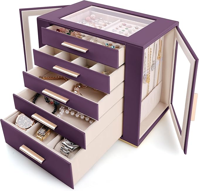 Homeanda Jewelry Box for Women with Glass Lid, 5 Drawers Jewelry Organizer and Storage for Necklaces, Rings, Earrings, Bra...