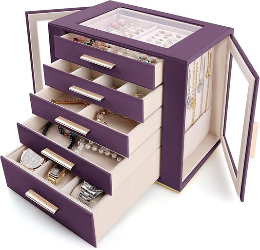 Homeanda Jewelry Box for Women with Glass Lid, 5 Drawers Jewelry Organizer and Storage for Necklaces, Rings, Earrings, Bra...