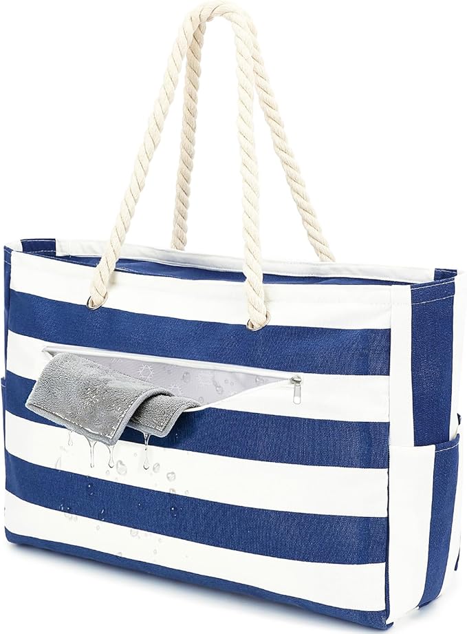 Fammart Beach Bags Waterproof Sandproof for Women, Large Canvas Pool Bag with Leakproof Wet Pocket & Zipper Cruise Essentials