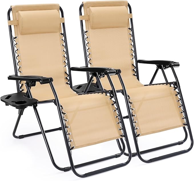 Sweetcrispy Zero Gravity Chairs, Set of 2 Portable Recliner Beach Camping Patio Outdoor Folding Lounge Chair with Cup Hold...