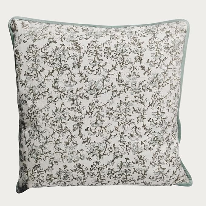Palm & Loom 100% Cotton Linen Cushion Cover - Decorative Throw Pillow Case with Powder Blue & Green Print with Pipping - T...