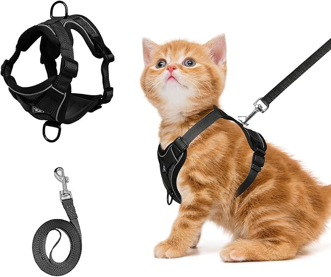 shudyear Cat Chest Harness and Leash Set Adjustable Anti-Escape Soft Mesh Cat Vest for Walking Outdoor (Blcak, S)