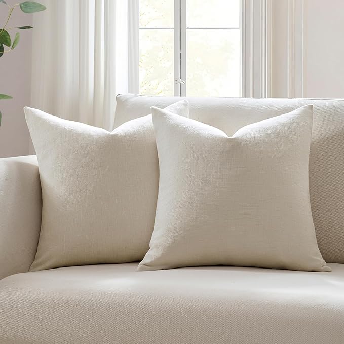Meekio Set of 2 Ivory Throw Pillow Covers 18x18, Modern Farmhouse Linen Blend Decorative Pillow Covers for Couch Sofa Bed,...