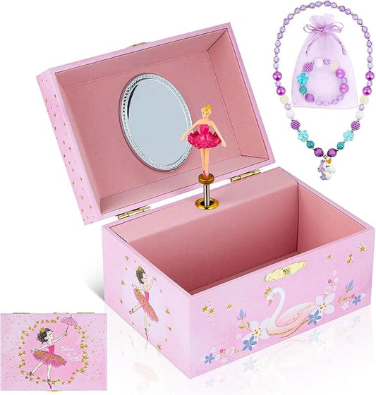 Taduoduo Girls' Musical Jewelry Box Organizer with Jewelry Set - glittering pink Spinning Ballerina Theme, Swan Lake Tune...