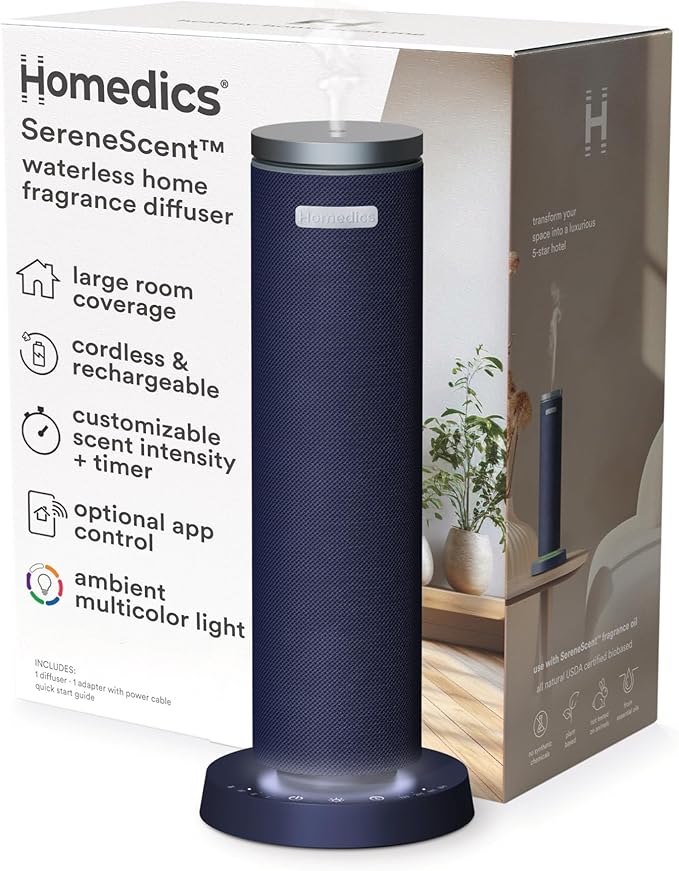 Homedics SereneScent Waterless Essential Oil Diffuser, Cordless Rechargeable Aromatherapy Diffuser for Home, Large Room Sc...
