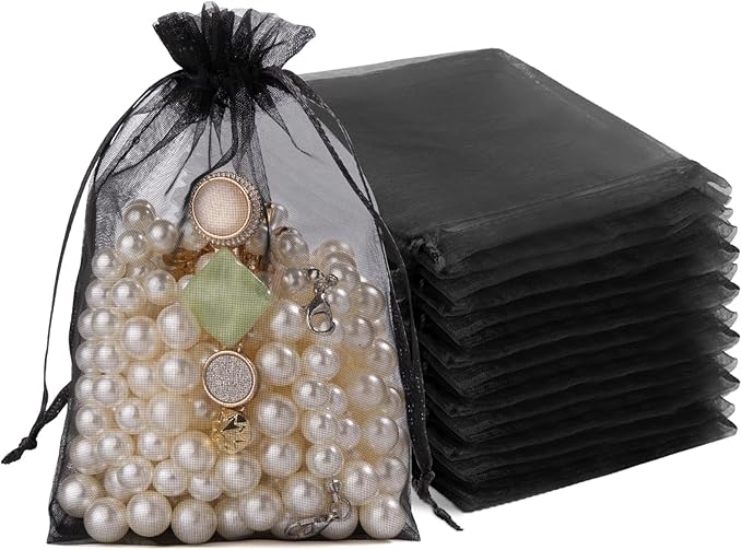 Crweety 50 Pcs Black Organza Bags 4x6 Inch, Small Mesh Gift Bags Drawstring for Jewelry Bracelet Packaging, Premium Sheer ...