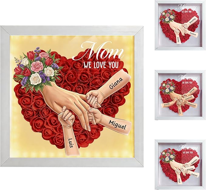Personalized Mommy Holding Hands Shadow Box Custom Mom or Grandma Flower Shadow Box Frame with Kids Names Hand in Hand Des...