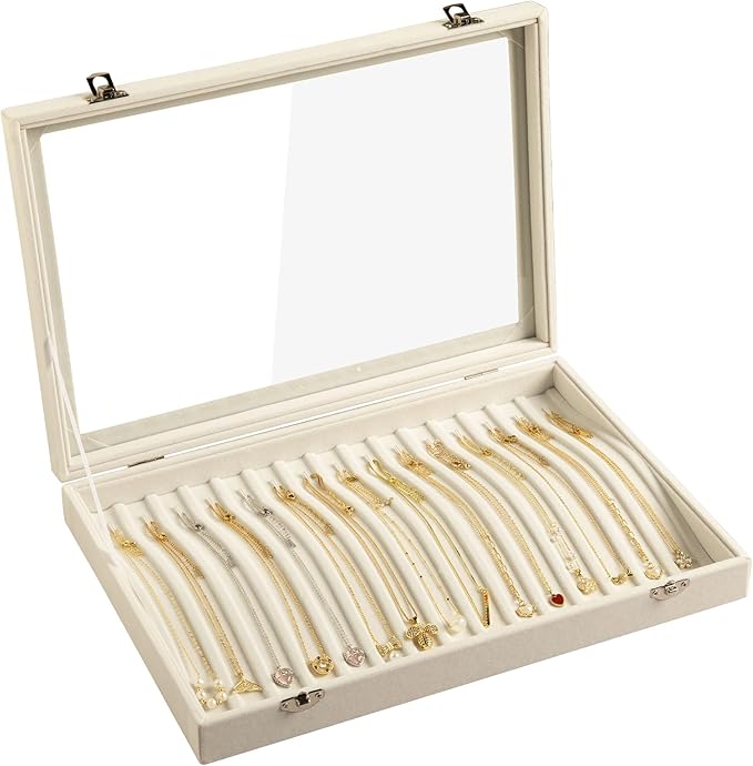 Frebeauty 15 Hooks Necklace Tray Velvet Neckalce Organizer with Clear Lid Lockable Necklace Holder Box Jewelry Organizer f...