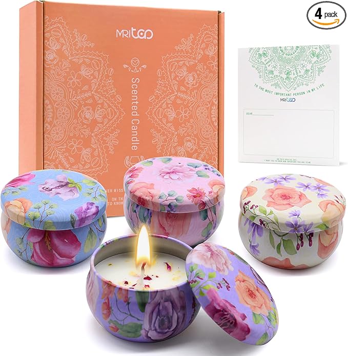 Scented Candles Gift Set for Women 4 Pack Soy Wax Candles with Dried Flowers Reusable Tin Aromatherapy Relaxation Gift for...