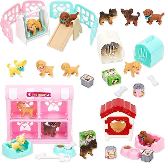 TQQFUN 32 PCS Dog Figures Play Set, Pet Care Center Pretend Play Set with Realistic Puppy Toys, Educational Gifts for Girl...
