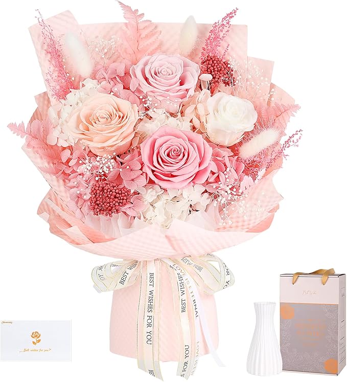 Preserved Flowers Bouquet 4 Roses - Pink Roses & Flowers for Delivery, Long-Lasting Real Roses Forever, Mothers Day Gifts ...