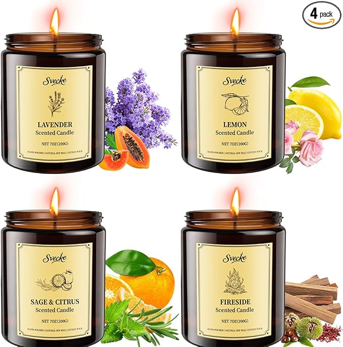 SVECKE 4 Pack 28oz Scented Candles, Soy Wax Jar Candles, Lemon, Lavender, Sage & Citrus, Fireside, Scented Candles for Hom...