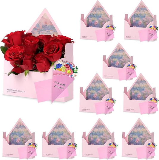 Amalee 10 Pack Pink Flower Bouquet Envelope Boxes with Greeting Cards, Premium Cardboard Floral Gift Boxes for Arrangement...