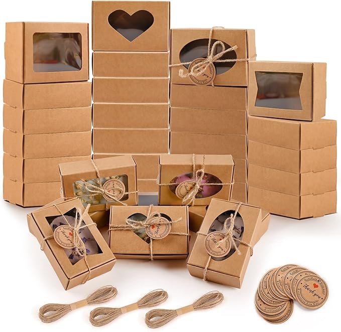 Moukiween 32 PCS Brown Soap Boxes for Homemade Soap, 3.54 X 2.36 X 1.18 Inch Soap Packaging Gift boxes with Window, Small ...