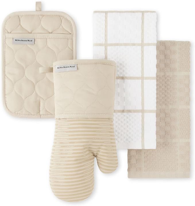 KITCHENAID Quilted Cotton Terry Cloth Oven Mitt, Pot Holder, Kitchen Towel 4-Pack Set, Heat Resistant, Silicone Grip, 16"x...