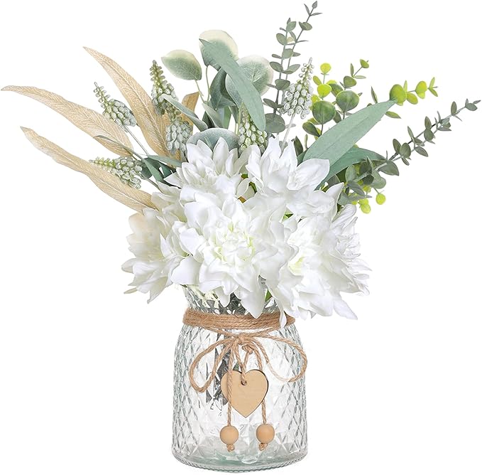 Faux Flowers with Vase,Artificial Silk Flowers in Vase, Fake Plant Eucalyptus and Willow,Flower Arrangement for Home Farmh...