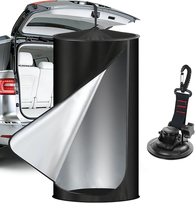 Pop Up Privacy Tent for Car, 69in Portable Camping Shower Tent with Liftgate Suction Pod and Hanging Straps, 210D Silver C...