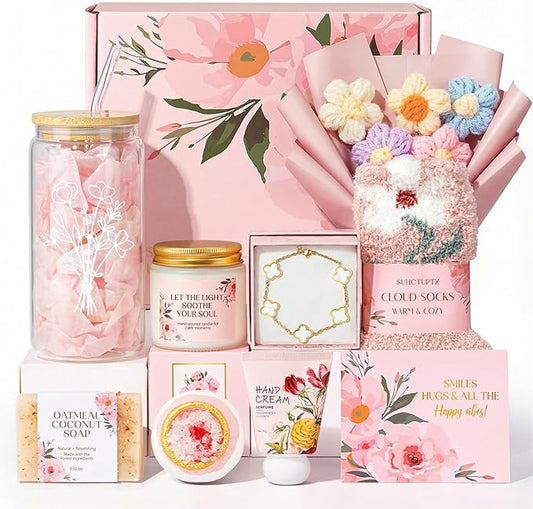 Gifts for Women, 9pcs Happy Birthday Gifts for Women, Christmas Ideas Mothers Day Gift Baskets Unique Rose Self Care Set V...