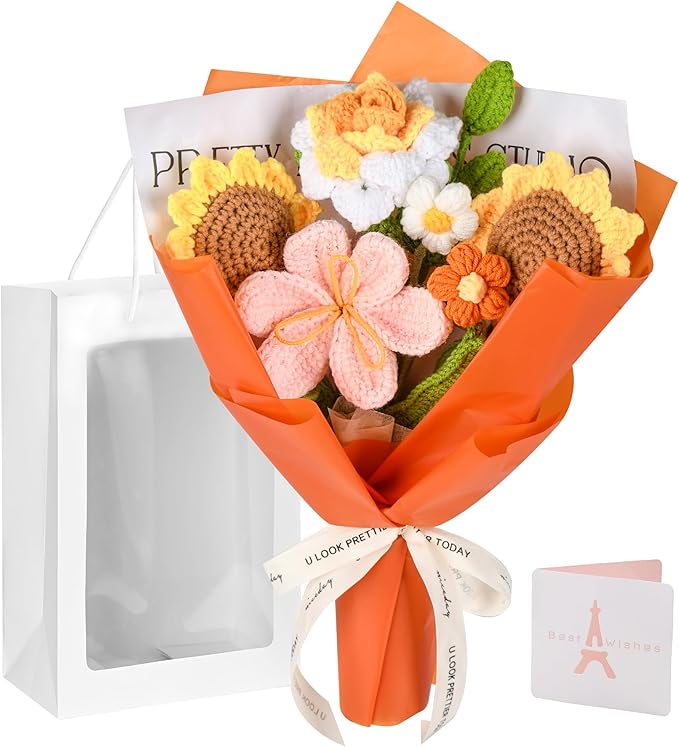 Gouraml Crochet Flower Bouquet, Orange Crochet Flowers for Mother's Day, Crochet Sunflowers Tulips Roses Bouquet for Valen...