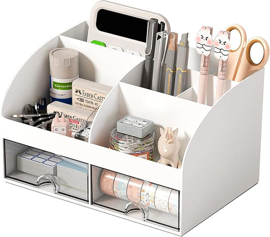 COMFYROOM Desk Organizer with 6 Compartments and 2 Drawers, Plastic Makeup Organizer, Pen Holder for Desktop Storage, Desk...