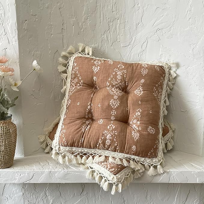 Huierxun Set of 2 Floral Printed Chair Pads with Tassels Cotton Linen Square Chair Cushions 17x17x3 Inch Seat Cushion for ...