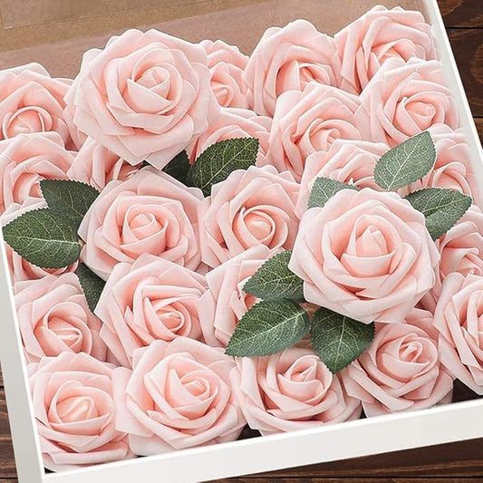 Higfra Artificial Flowers 25pcs Real Looking Blush Foam Fake Roses with Stems for DIY Wedding Bouquets White Bridal Shower...