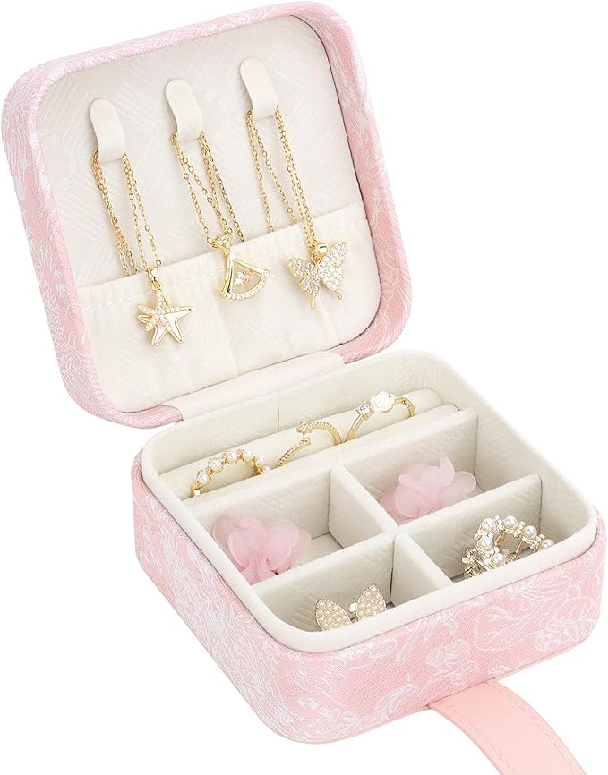 DesignSter Jewelry Box, Buckle Women's Small Travel Jewelry Box, Small Portable Jewelry Storage Box with Jacquard Embroide...