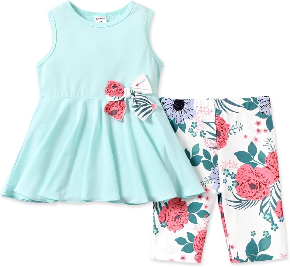 PATPAT Girls Summer 2 Piece Outfits 4-12Y Butterfly Bow Sleeveless Tunic Tops and Floral Print Shorts Cute Clothes