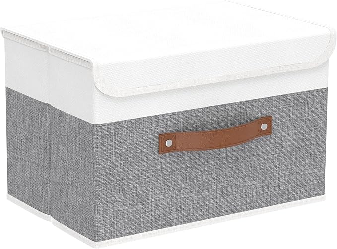 Yawinhe Storage Boxes with Lids, Linen Fabric Bin, Cube Organizer Basket, Washable and Leather Handle, for Home, Closet, W...