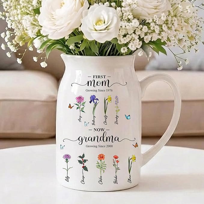 NAZENTI Personalized First Mom Now Grandma Flower Vase - Mother's Day Grandmas Garden Vases with Kids Names and Birth Mont...