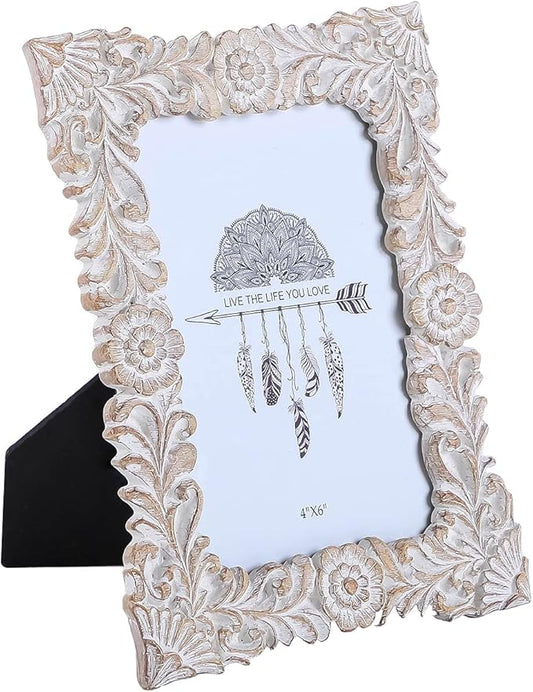 NIKKY HOME Farmhouse Boho Style Floral Picture Frame 4x6 Rustic Resin Photo Frame with Distressed White Finish, High Defin...