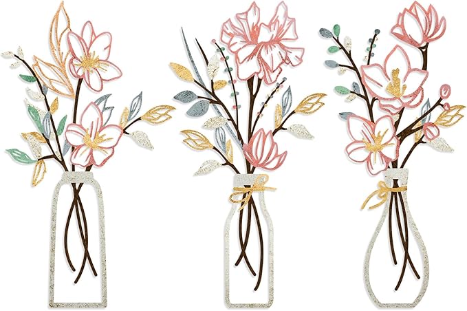 ARTINME 3 Pieces Metal Flowers Wall Arts - Pink and Beige Rustic Farmhouse Decor Minimalist Flower Wall Decors for Living ...