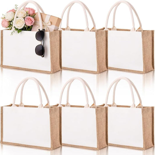 SOUJOY 6 Pack Burlap Tote Bags, Reusable Jute Gift Bags with Handles, Water Resistant Beach Bag, 14.7" x 9.8" x 4.5" Canva...