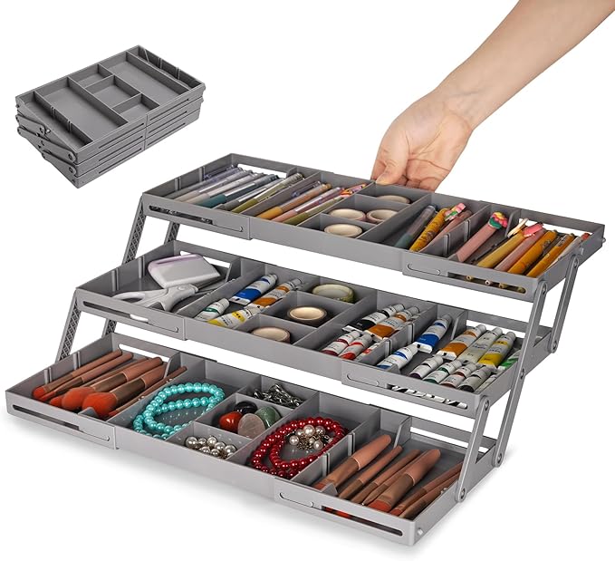 3 Tier Drawer Organizer - Expandable Junk Drawer Organizers Smart Office Supply Organizer, Folding Drawer Storage Multi-le...