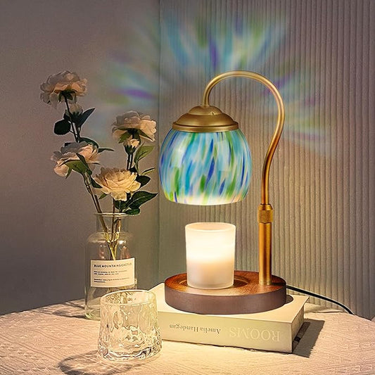 GlitzLamp Candle Warmer Lamp with 2 Bulbs - Height Adjustable，Blue Opan Art Glass & Wood Vintage Decor, No Assembly Requir...