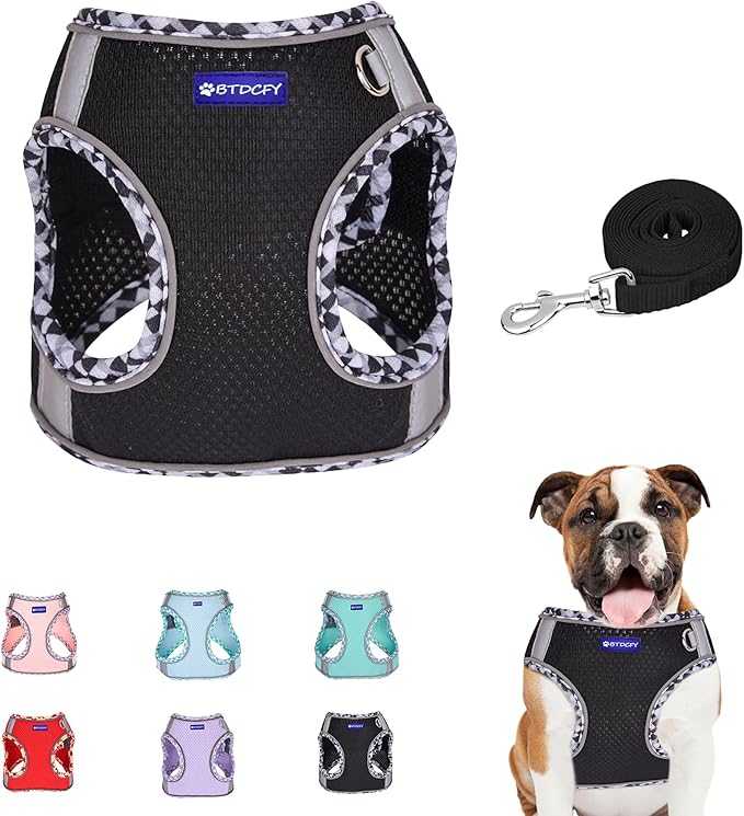 BTDCFY Step-in Mesh Dog Harness and Leash Set, Breathable Air Mesh, Reflective, Escape Proof, No Choke, Lightweight, Blac...