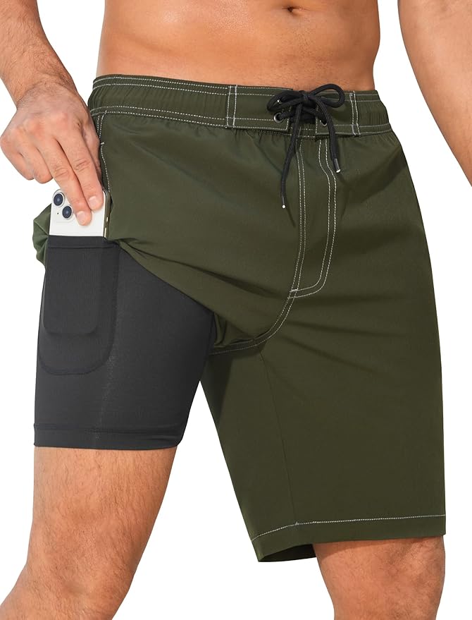 SILKWORLD Mens Swim Trunks with Compression Liner Quick Dry Board Shorts 9" Stretch Bathing Suits with 4-Hole Waistband
