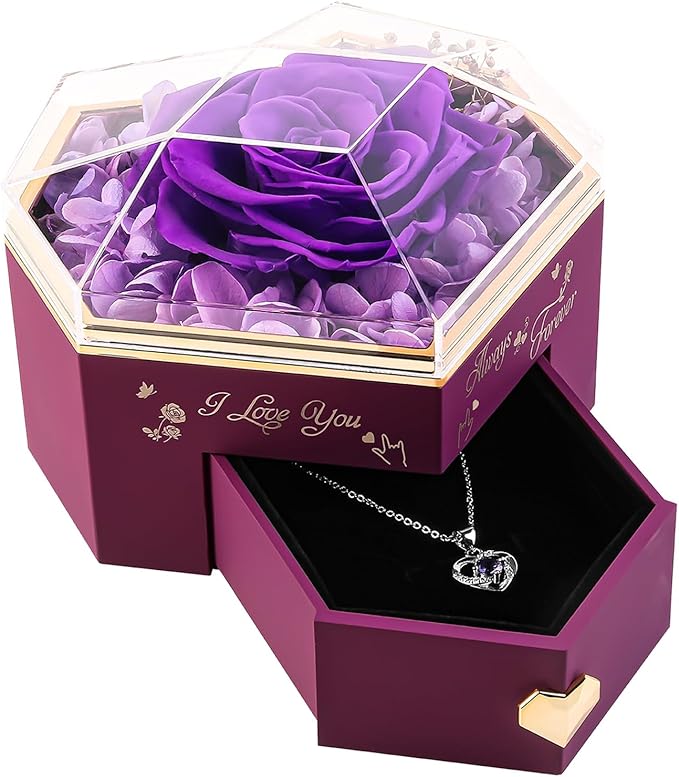 minstely Heart Shape Preserved Real Rose Box with Necklace, Forever I Love You Roses Gifts for Her, Eternal Flowers Gifts ...
