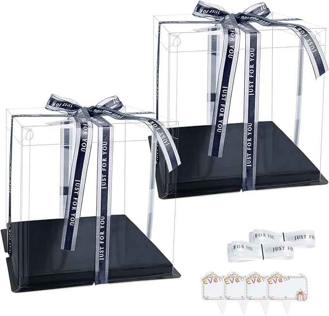 Thxutm Clear Cake Box, 2 Pcs Transparent Cake Carrier Box with Lids, 8'' PET Packaging Boxes with Ribbon Gift Card for Pas...