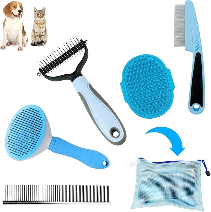 MASTER QUEEN Dog Brush Grooming Kit 5PCS - Dog Brush for Shedding,Puppy Brush and Flea Comb for Dogs, Slicker Brush Comb a...