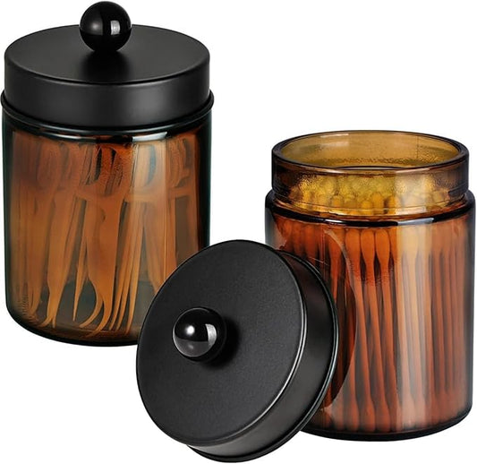 Amolliar Amber Glass Qtip Holder, Apothecary Jars with Matte Black Metal Lid & Stickers-Bathroom Qtip Dispenser Storage Or...