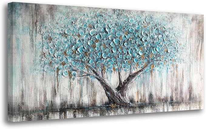 Arjun Tree of Life Wall Art Canvas for Living Room Blue Tree Nature Teal Painting, 50% Hand Painted Textured Picture Bedro...