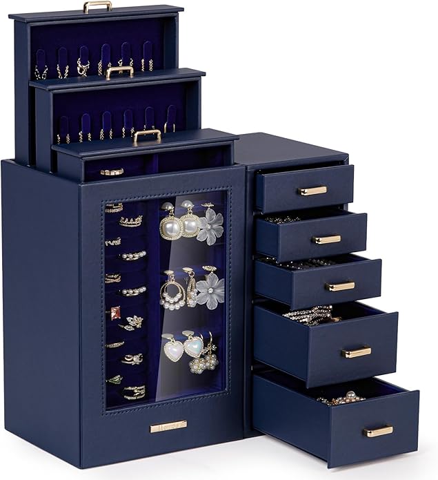 Homde Large Jewelry Box/Organizer/Case with Glass Window, Drawers for Necklaces Earrings Rings Bracelets Watches Gift for ...