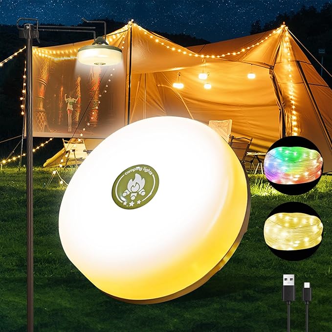 Camping String Lights,Camping Essentials Gear 32.8FT Lamp Lights Waterproof, 4 in 1 Outdoor String Lights with 8 Modes for...