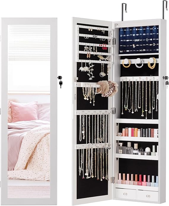 DUMOS 6 LEDs Mirror Jewelry Cabinet, Wall or Door Mounted Jewelry Organizer, 47.2-Inch Tall Lockable Large Capacity Cosmet...