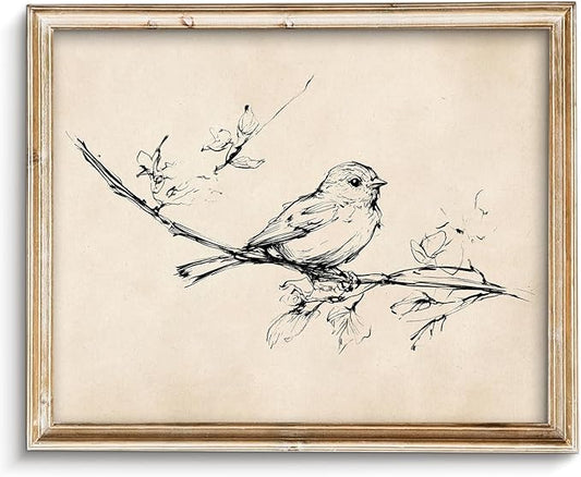 Vintage Bird on Tree Branch Sketch Wall Art Decor Minimalist Drawing Canvas Prints Wall Decor Neutral Line Art Farmhouse S...