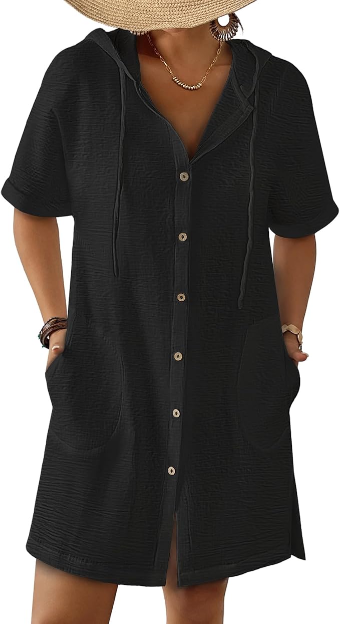 Bsubseach Womens Swimsuit Cover Up Shirt Button Down Short Sleeve Bathingsuit Coverups Hooded Beach Coverup With Pockets