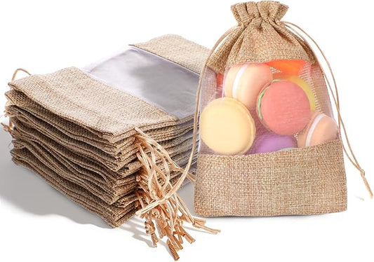 Bruislard 12 Pack Burlap Drawstring Gift Bags 5''x7'' Burlap Gift Favor Bags Organza Sheer Pouches with Drawstring Treat S...